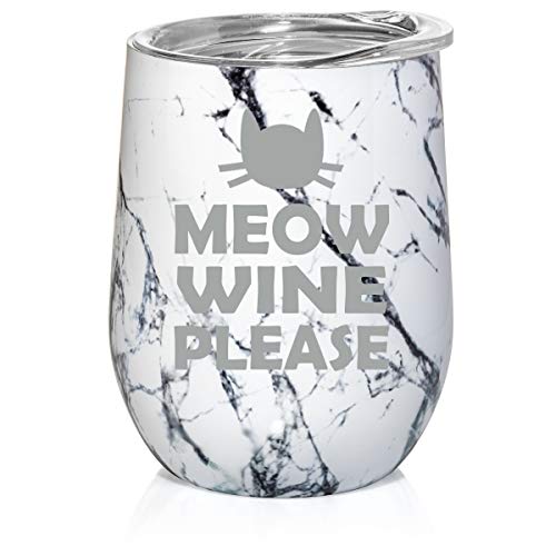 12 oz Double Wall Vacuum Insulated Stainless Steel Marble Stemless Wine Tumbler Glass Coffee Travel Mug With Lid Meow Wine Please More Wine Funny Cat (Black White Marble)