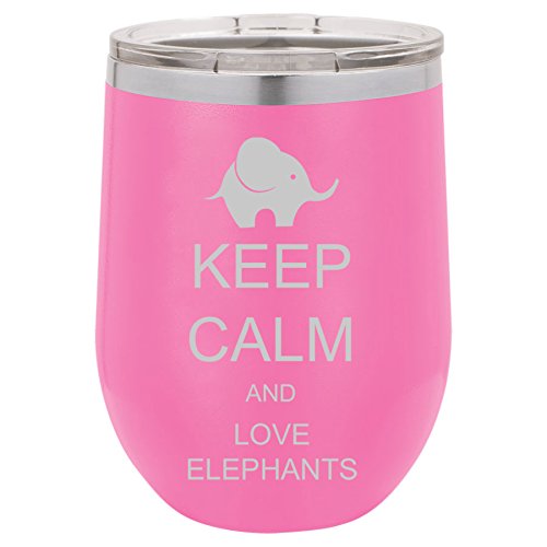 12 oz Double Wall Vacuum Insulated Stainless Steel Stemless Wine Tumbler Glass Coffee Travel Mug With Lid Keep Calm And Love Elephants (Hot-Pink)