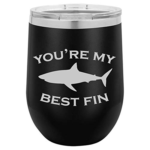 12 oz Double Wall Vacuum Insulated Stainless Steel Stemless Wine Tumbler Glass Coffee Travel Mug With Lid You're My Best Fin Friend Shark (Black)