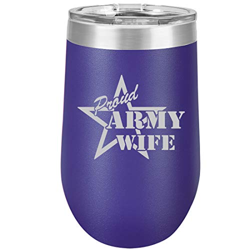 16 oz Double Wall Vacuum Insulated Stainless Steel Stemless Wine Tumbler Glass Coffee Travel Mug With Lid Proud Army Wife (Purple)