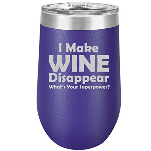 16 oz Double Wall Vacuum Insulated Stainless Steel Stemless Wine Tumbler Glass Coffee Travel Mug With Lid Funny I Make Wine Disappear What's Your Superpower (Purple)