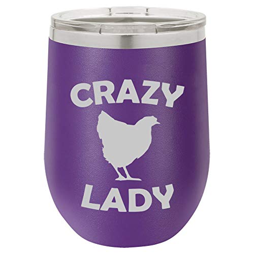 12 oz Double Wall Vacuum Insulated Stainless Steel Stemless Wine Tumbler Glass Coffee Travel Mug With Lid Crazy Chicken Lady (Purple)