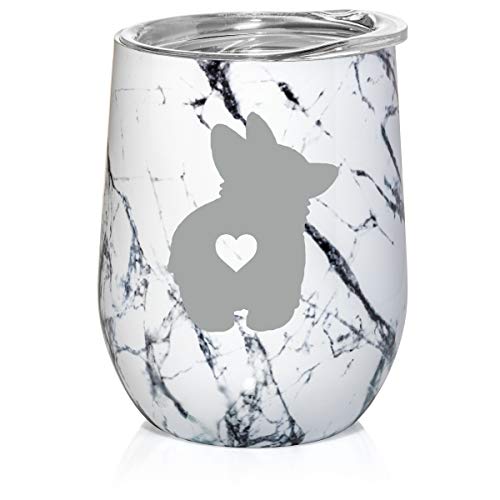 12 oz Double Wall Vacuum Insulated Stainless Steel Marble Stemless Wine Tumbler Glass Coffee Travel Mug With Lid Corgi Butt (Black White Marble)