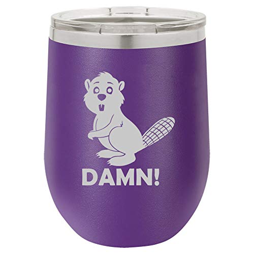 12 oz Double Wall Vacuum Insulated Stainless Steel Stemless Wine Tumbler Glass Coffee Travel Mug With Lid Beaver Damn Funny (Purple)