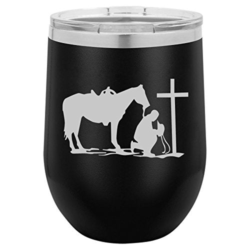 12 oz Double Wall Vacuum Insulated Stainless Steel Stemless Wine Tumbler Glass Coffee Travel Mug With Lid Cowboy Praying Cross Horse (Black)