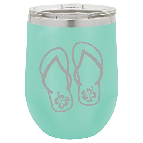 12 oz Double Wall Vacuum Insulated Stainless Steel Stemless Wine Tumbler Glass Coffee Travel Mug With Lid Flip Flops With Hibiscus (Teal)