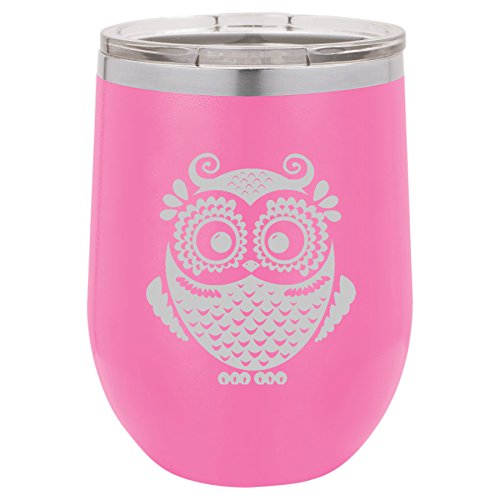 12 oz Double Wall Vacuum Insulated Stainless Steel Stemless Wine Tumbler Glass Coffee Travel Mug With Lid Owl Vintage (Hot-Pink)