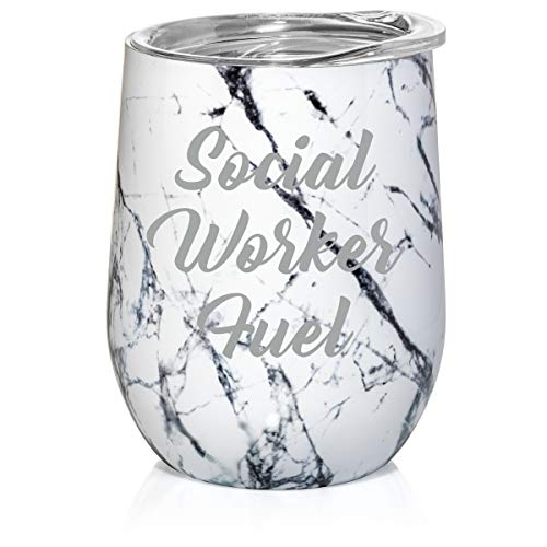 12 oz Double Wall Vacuum Insulated Stainless Steel Marble Stemless Wine Tumbler Glass Coffee Travel Mug With Lid Social Worker Fuel (Black White Marble)