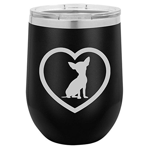 12 oz Double Wall Vacuum Insulated Stainless Steel Stemless Wine Tumbler Glass Coffee Travel Mug With Lid Chihuahua Heart (Black)