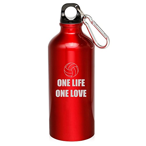 20oz Aluminum Sports Water Bottle Caribiner Clip One Life Volleyball (Red)