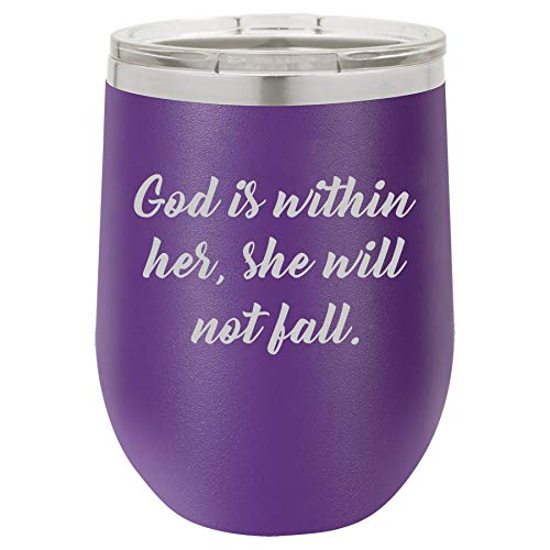 12 oz Double Wall Vacuum Insulated Stainless Steel Stemless Wine Tumbler Glass Coffee Travel Mug With Lid God Is Within Her She Will Not Fall (Purple)