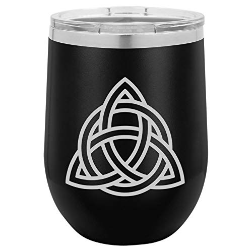 12 oz Double Wall Vacuum Insulated Stainless Steel Stemless Wine Tumbler Glass Coffee Travel Mug With Lid Triquetra Symbol Celtic Knot (Black)