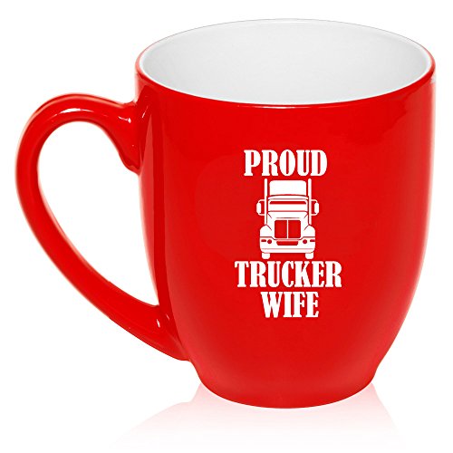 16 oz Large Bistro Mug Ceramic Coffee Tea Glass Cup Proud Trucker Wife (Red)