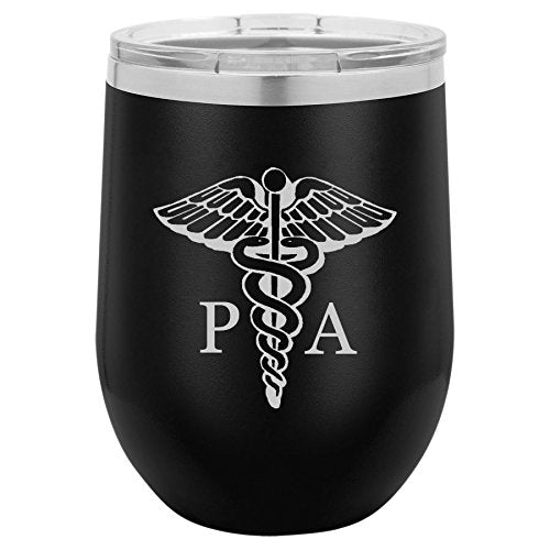 12 oz Double Wall Vacuum Insulated Stainless Steel Stemless Wine Tumbler Glass Coffee Travel Mug With Lid PA Physician Assistant Caduceus (Black)