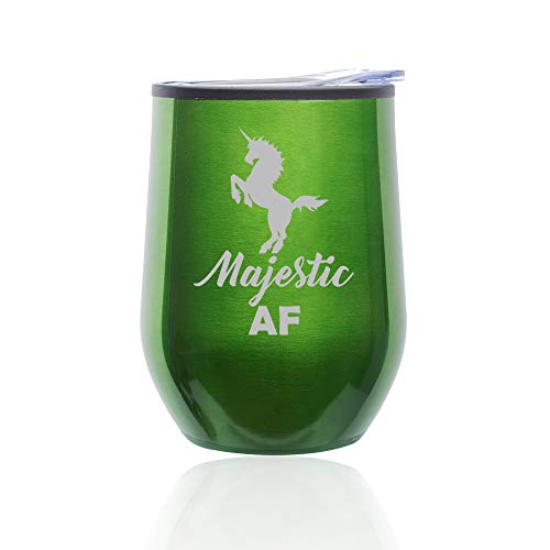 Stemless Wine Tumbler Coffee Travel Mug Glass With Lid Majestic AF Unicorn (Green)