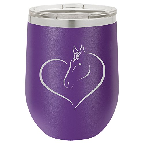 12 oz Double Wall Vacuum Insulated Stainless Steel Stemless Wine Tumbler Glass Coffee Travel Mug With Lid Heart Horse (Purple)