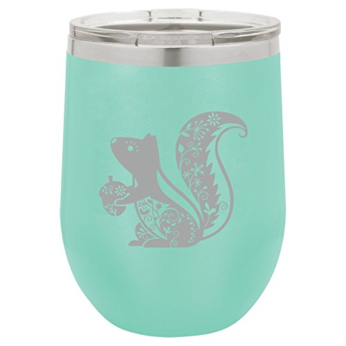 12 oz Double Wall Vacuum Insulated Stainless Steel Stemless Wine Tumbler Glass Coffee Travel Mug With Lid Fancy Squirrel (Teal)