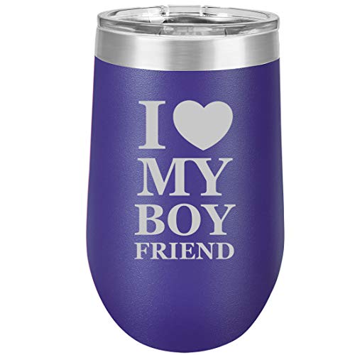 16 oz Double Wall Vacuum Insulated Stainless Steel Stemless Wine Tumbler Glass Coffee Travel Mug With Lid I Love My Boyfriend (Purple)