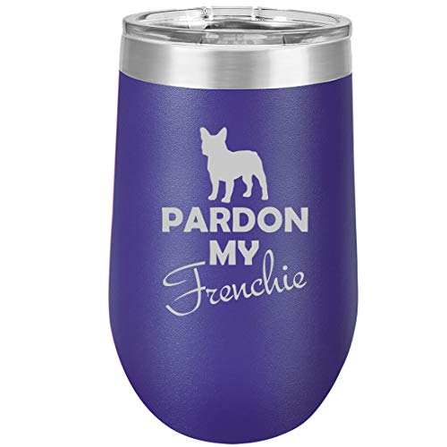 16 oz Double Wall Vacuum Insulated Stainless Steel Stemless Wine Tumbler Glass Coffee Travel Mug With Lid Pardon My Frenchie French Bulldog (Purple)
