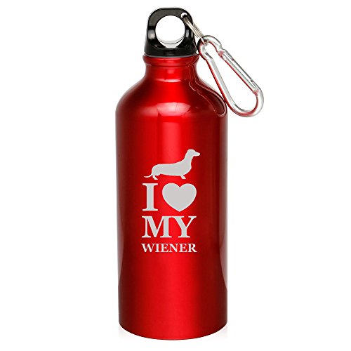 20oz Aluminum Sports Water Bottle Caribiner Clip I Love My w*ener Dachshund Dog (Red)