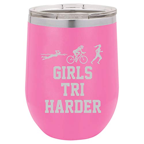 12 oz Double Wall Vacuum Insulated Stainless Steel Stemless Wine Tumbler Glass Coffee Travel Mug With Lid Triathlon Girls Tri Harder Swim Bike Run (Hot-Pink)