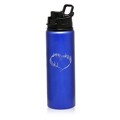 25 oz Aluminum Sports Water Travel Bottle Heart Love Music Notes (Blue)