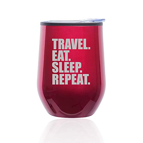 Stemless Wine Tumbler Coffee Travel Mug Glass With Lid Travel Eat Sleep Repeat (Fuchsia)