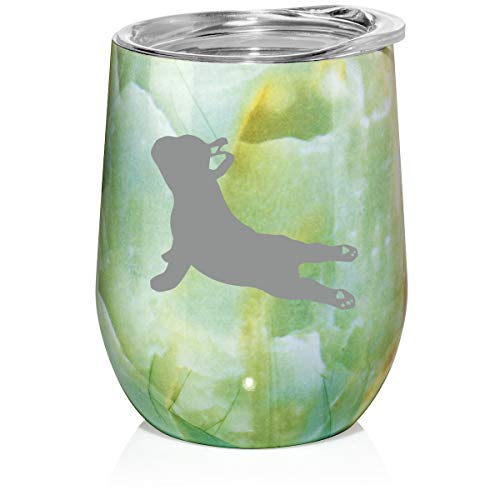 12 oz Double Wall Vacuum Insulated Stainless Steel Marble Stemless Wine Tumbler Glass Coffee Travel Mug With Lid French Bulldog Yoga (Turquoise Green Marble)