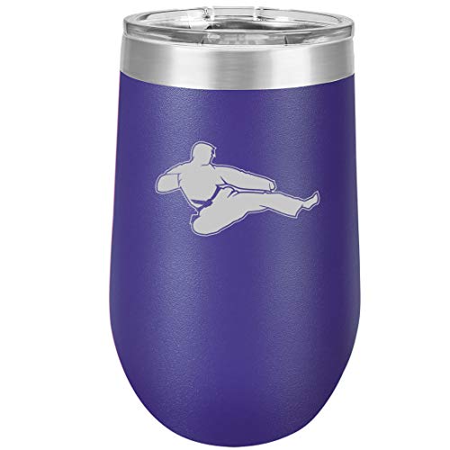 16 oz Double Wall Vacuum Insulated Stainless Steel Stemless Wine Tumbler Glass Coffee Travel Mug With Lid Jump Kick Martial Arts (Purple)