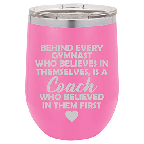 12 oz Double Wall Vacuum Insulated Stainless Steel Stemless Wine Tumbler Glass Coffee Travel Mug With Lid Gymnastics Coach Gift (Hot-Pink)