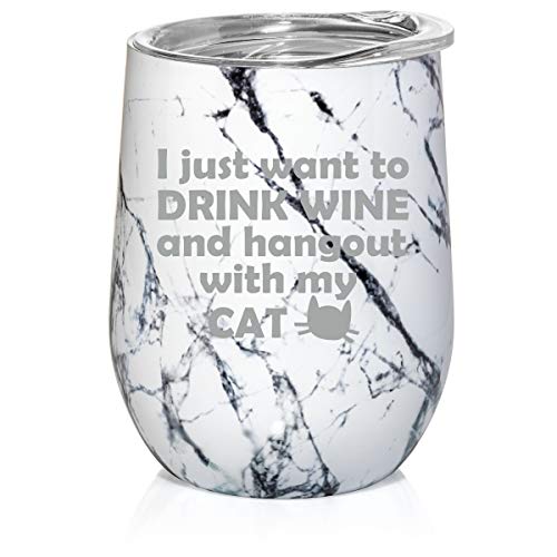 12 oz Double Wall Vacuum Insulated Stainless Steel Marble Stemless Wine Tumbler Glass Coffee Travel Mug With Lid Drink Wine And Hang Out With Cat (Black White Marble)