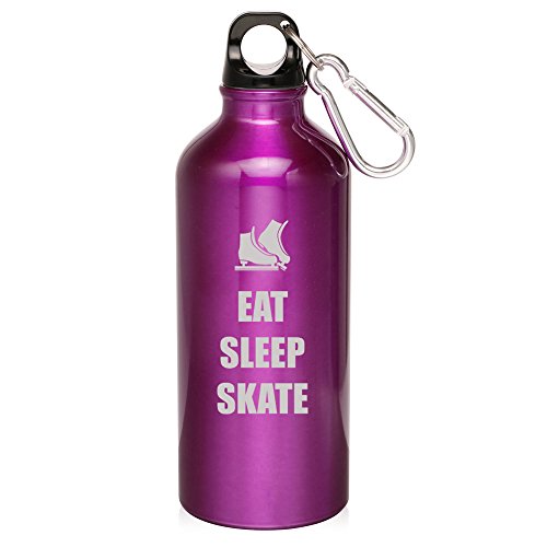 20oz Aluminum Sports Water Bottle Caribiner Clip Eat Sleep Skate Ice Skates (Purple)