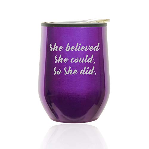 Stemless Wine Tumbler Coffee Travel Mug Glass With Lid She Believed She Could So She Did (Royal Purple)