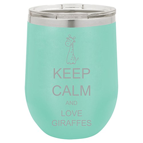 12 oz Double Wall Vacuum Insulated Stainless Steel Stemless Wine Tumbler Glass Coffee Travel Mug With Lid Keep Calm And Love Giraffes (Teal)