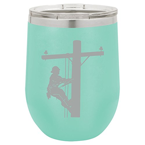 12 oz Double Wall Vacuum Insulated Stainless Steel Stemless Wine Tumbler Glass Coffee Travel Mug With Lid Lineman Electric Pole Climber (Teal)