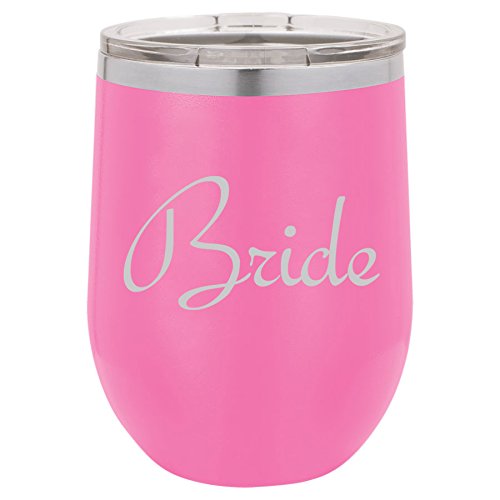 12 oz Double Wall Vacuum Insulated Stainless Steel Stemless Wine Tumbler Glass Coffee Travel Mug With Lid Bride Bachelorette Wedding (Hot-Pink)