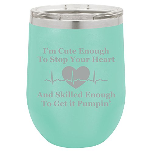 12 oz Double Wall Vacuum Insulated Stainless Steel Stemless Wine Tumbler Glass Coffee Travel Mug With Lid Cute Skilled Nurse (Teal)