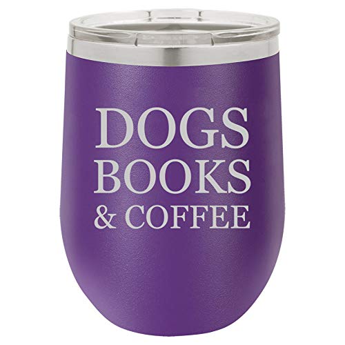 12 oz Double Wall Vacuum Insulated Stainless Steel Stemless Wine Tumbler Glass Coffee Travel Mug With Lid Dogs Books & Coffee (Purple)