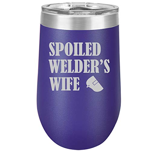 16 oz Double Wall Vacuum Insulated Stainless Steel Stemless Wine Tumbler Glass Coffee Travel Mug With Lid Spoiled Welder's Wife (Purple)