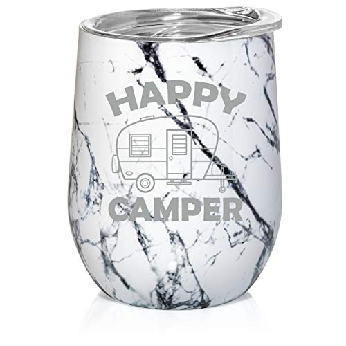 12 oz Double Wall Vacuum Insulated Stainless Steel Marble Stemless Wine Tumbler Glass Coffee Travel Mug With Lid Happy Camper (Black White Marble)