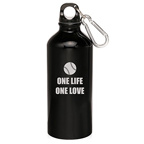 20oz Aluminum Sports Water Bottle Caribiner Clip One Life Baseball Softball (Black)