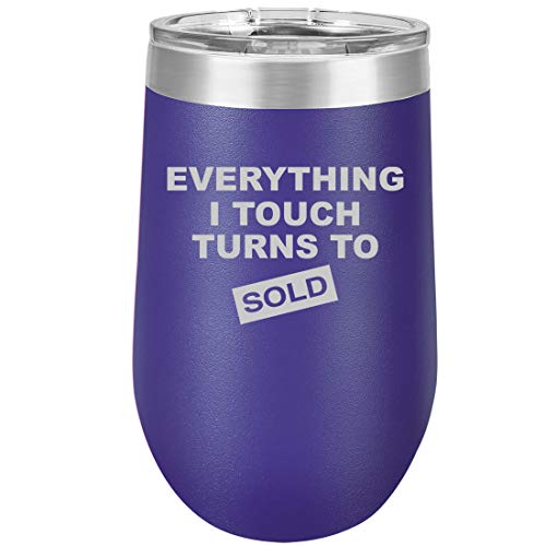 16 oz Double Wall Vacuum Insulated Stainless Steel Stemless Wine Tumbler Glass Coffee Travel Mug With Lid Everything I Touch Turns To Sold Sales Real Estate Agent Sales (Purple)