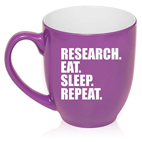 16 oz Large Bistro Mug Ceramic Coffee Tea Glass Cup Research Eat Sleep Repeat (Purple)