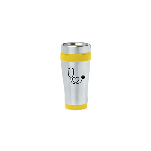 Yellow 16oz Insulated Stainless Steel Travel Mug Z161 Heart Stethoscope,MIP