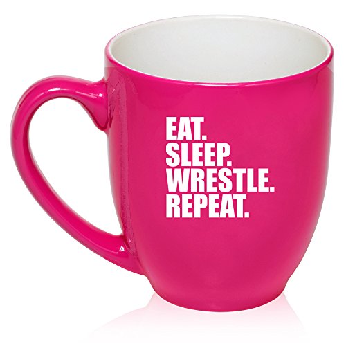 16 oz Large Bistro Mug Ceramic Coffee Tea Glass Cup Eat Sleep Wrestle Repeat (Hot Pink)