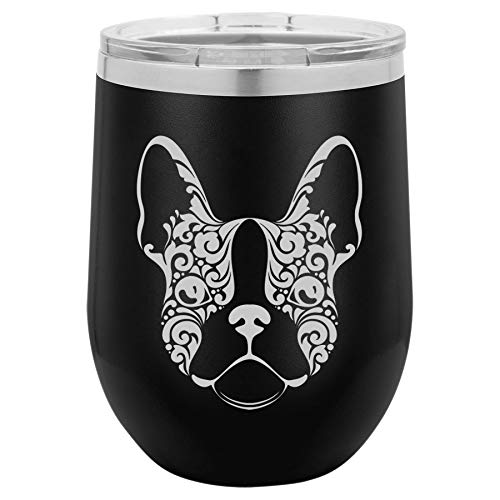 12 oz Double Wall Vacuum Insulated Stainless Steel Stemless Wine Tumbler Glass Coffee Travel Mug With Lid French Bulldog Floral (Black)