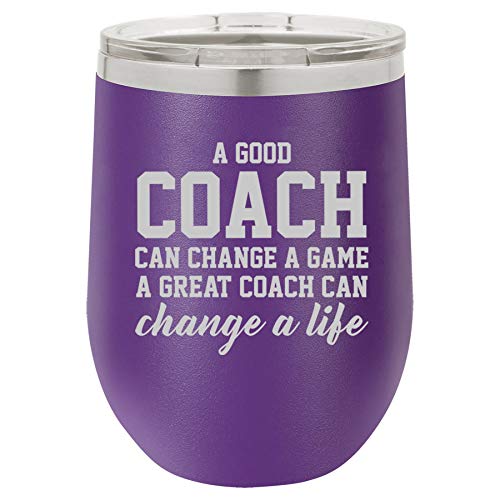 12 oz Double Wall Vacuum Insulated Stainless Steel Stemless Wine Tumbler Glass Coffee Travel Mug With Lid A Good Coach Can Change A Game A Great Coach Can Change A Life (Purple)