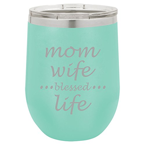 12 oz Double Wall Vacuum Insulated Stainless Steel Stemless Wine Tumbler Glass Coffee Travel Mug With Lid Mom Wife Blessed Life Mother (Teal)