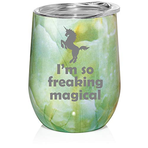 12 oz Double Wall Vacuum Insulated Stainless Steel Marble Stemless Wine Tumbler Glass Coffee Travel Mug With Lid I'm So Freaking Magical Unicorn (Turquoise Green Marble)