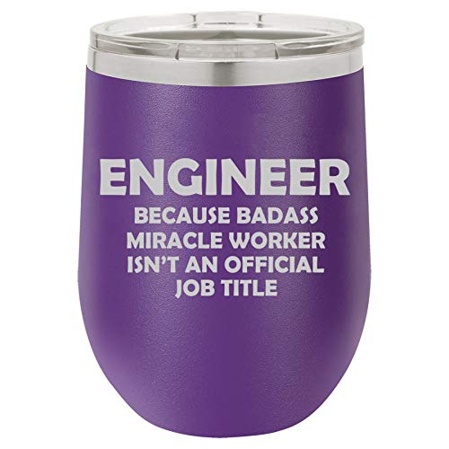 12 oz Double Wall Vacuum Insulated Stainless Steel Stemless Wine Tumbler Glass Coffee Travel Mug With Lid Engineer Miracle Worker Job Title Funny (Purple)